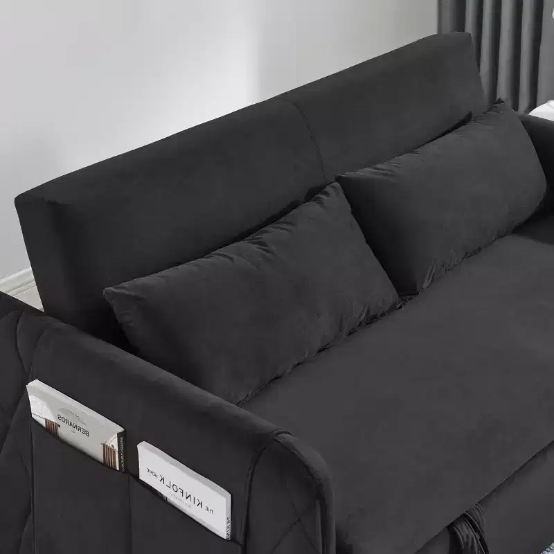 Gray Velvet 2-Seater Convertible Sofa Bed with Pull-Out Bed