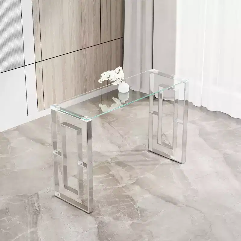 Modern Console Table, Transparent Glass with Stainless Steel Legs for Living Room, Office, Silver