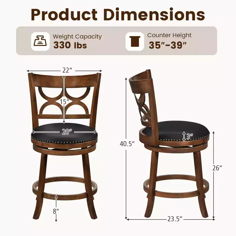 Costway 26'' Counter Height Bar Stools Set of 2 w/Rubber Wood Frame Upholstered Seat
