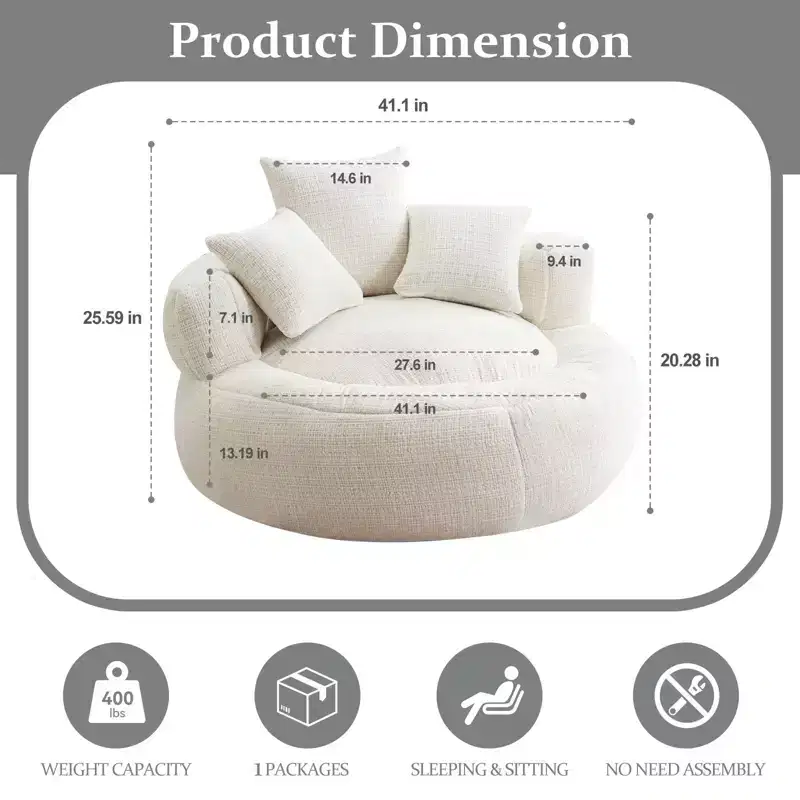 Efomao Round Ultra Soft Chenille Foam Bean Bag Chair - Oversized Comfy with Armrests & 3 Pillows - for Adults/Teens (White)