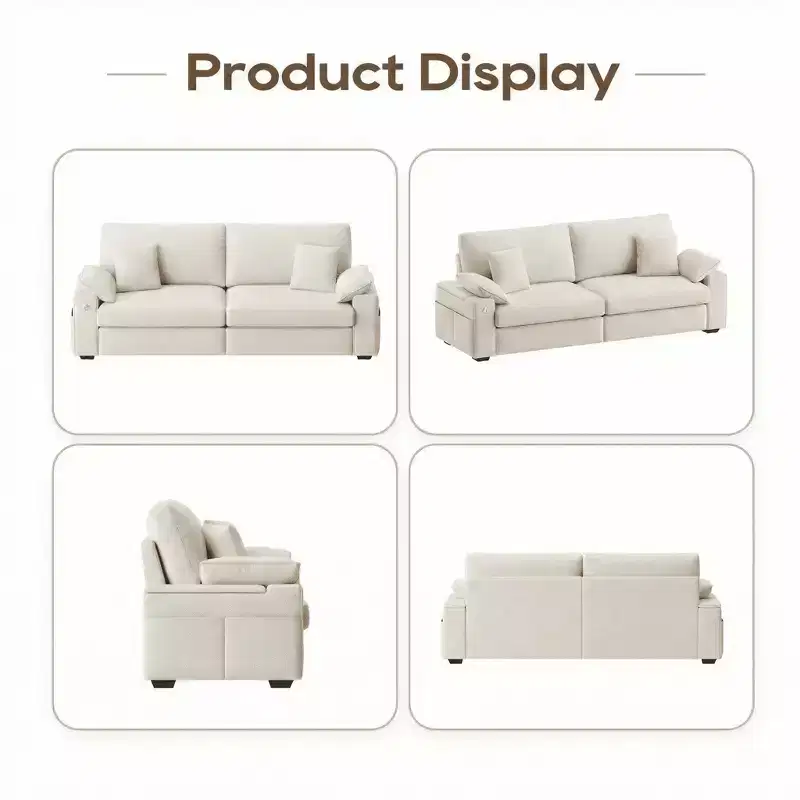 Modern Linen Sofa  Comfy Couch with USB & Type-C Ports and Hidden Armrest Storage