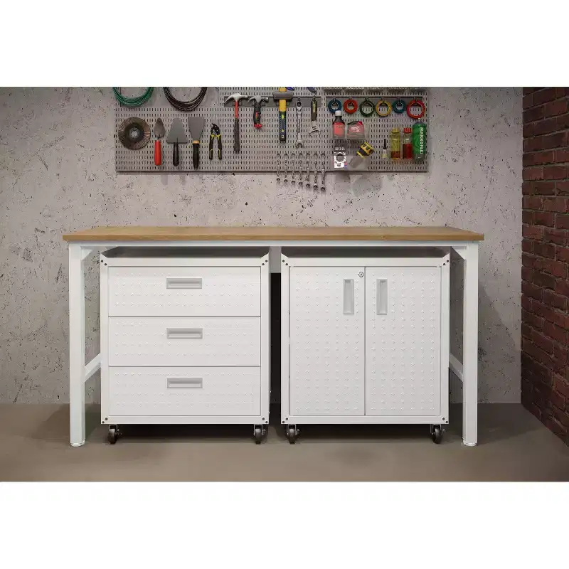 Manhattan Comfort Fortress 3pc Mobile Space Saving Garage Cabinet and Worktable Set 3.0 White