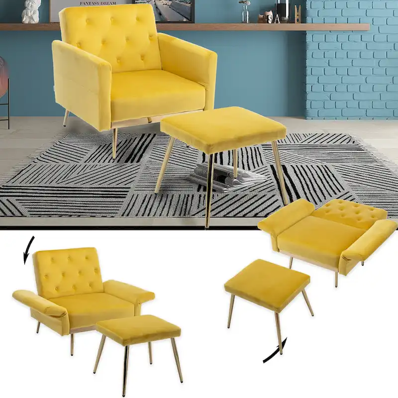 HOMEFUN Velvet Tufted Adjustable Armrests and Backrest Armchair with Ottoman