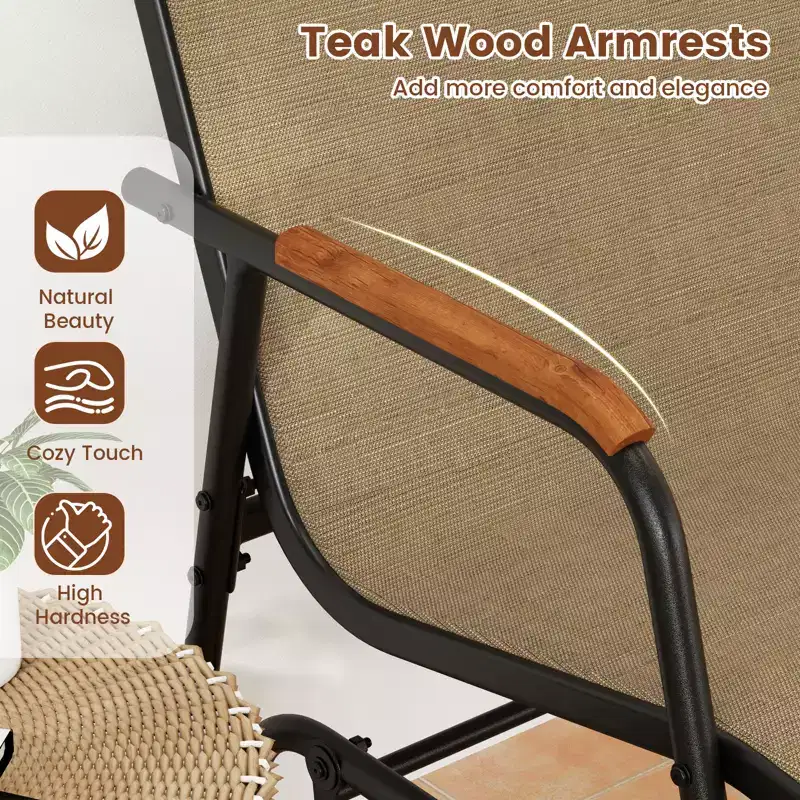 Costway Patio Glider Chair Set of 2 w/ Curved Teak Armrests & Breathable Fabric Seat
