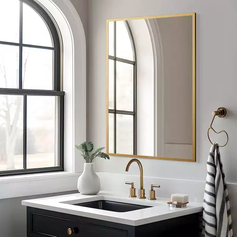 Rectangular Gold Aluminum Alloy Frame Hanging Mirror with Thin Edge and Double-Sided Mounting Feature