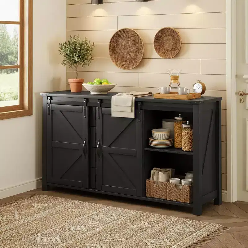Modern Farmhouse Sideboard Buffet with Sliding Barn Doors, 4 Drawers, Built-in Power Outlet