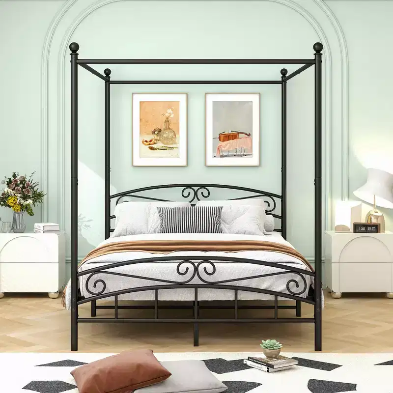 GDFStudio Bordero Canopy Metal Bed Frame with Vintage Headboard and 12.4 Under-Bed Storage