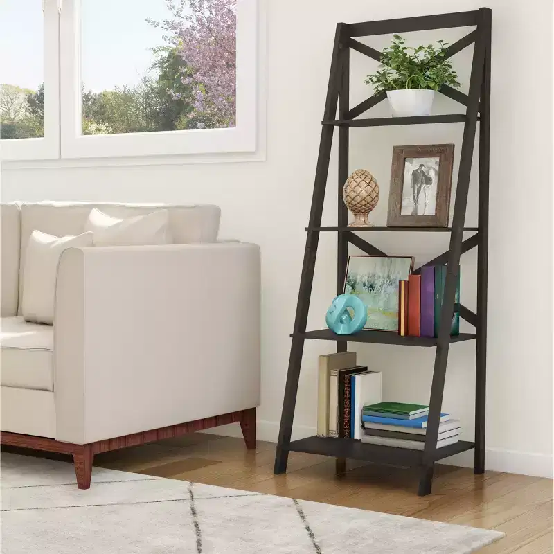 Lavish Home 4-Tier Ladder Bookshelf, Freestanding Shelved Bookcase with X-Back Frame and Leaning Look for Home or Office, Black
