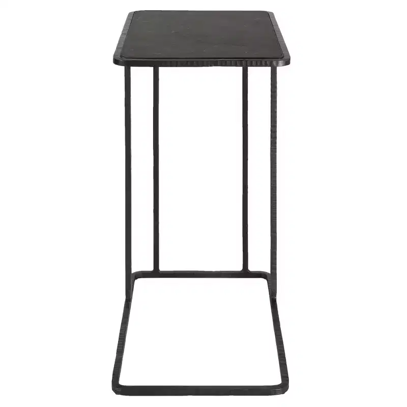 Rectangular Bluestone Top Accent Table with Black Iron Frame & Carved Details, 24