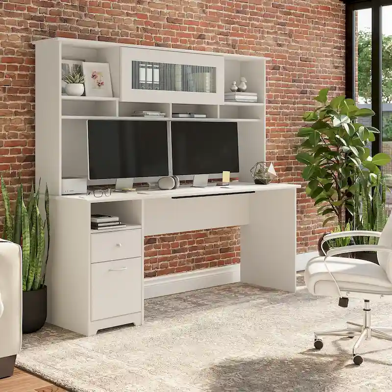 72W Computer Desk with Hutch and Drawers by
