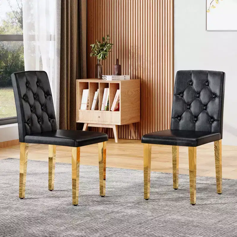 Set of 2 Modern PU Upholstered Dining Chairs with Golden Metal Legs, Luxurious Armless Chairs for Kitchen or Dining Room