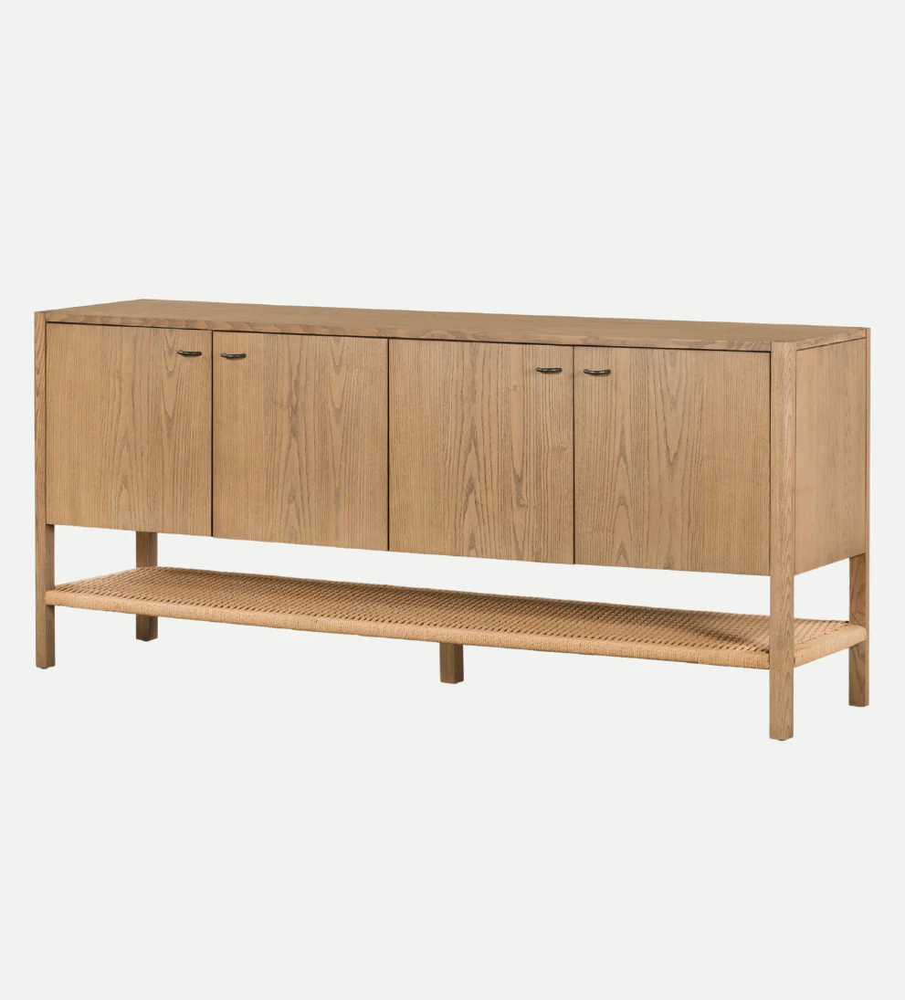 Sideboard ¨C Solid Ash Buffet with Iron Hardware, Stretcher-Style Shelving Unit with Open Bottom Shelf, Refined Classic Look for Entryway or Storage, Dimensions Not Specified
