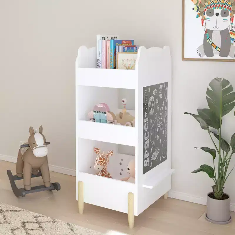 JVNOXK Kids Bookshelf with Chalkboard Side  Bear-Shaped Wooden Bookcase with 3-Tier Storage, Drawing Board for Toddlers, Toy and Book White