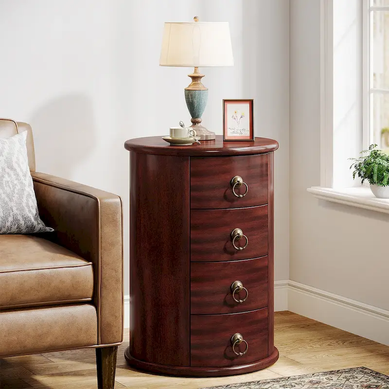 No Assembly Round Solid Wood End Table, Small Side Table with Drawers