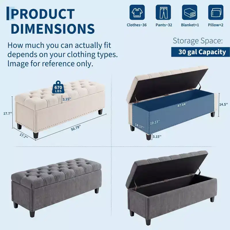 51 Extra Large Storage Ottoman Bench, 660lbs Heavy Duty End of Bed Chest w/ Tufted Upholstery & Safety Hinge for Bedroom, Entryway & Living Room