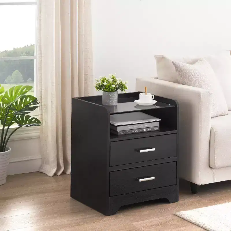 LED Nightstand with Glass Top, Modern Wood Bedside Table with LED Lights, Small Bedroom Side Table, Display End Table for Living Room