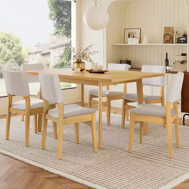 GDFStudio Dalton 7-Piece Modern Dining Set - Rectangular Solid Wood Table & Upholstered Linen Chairs