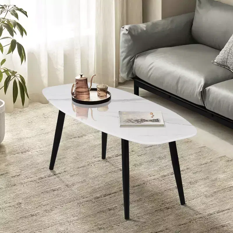 FurnitureR Modern Coffee Table 43.3 Inches Rectangular Simple Style Center Table, Minimalist Wooden Cocktail Table for Living Room (Marble)