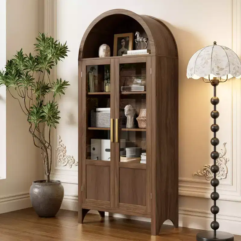 71 Tall Wooden Cabinet Arched Storage Cabinet with 2 Doors and Shelves for Living Room