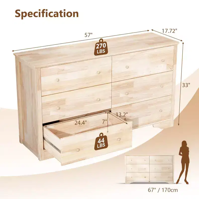 Karl Home 6-Drawer Natural MDF (Medium-Density Fiberboard) 57.09in. W Chest of Drawer