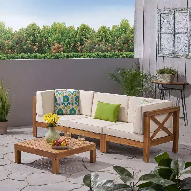Brava 4pc Acacia Modular Sofa and Table Set - Teak/Beige - Christopher Knight Home: Weather-Resistant Outdoor Seating