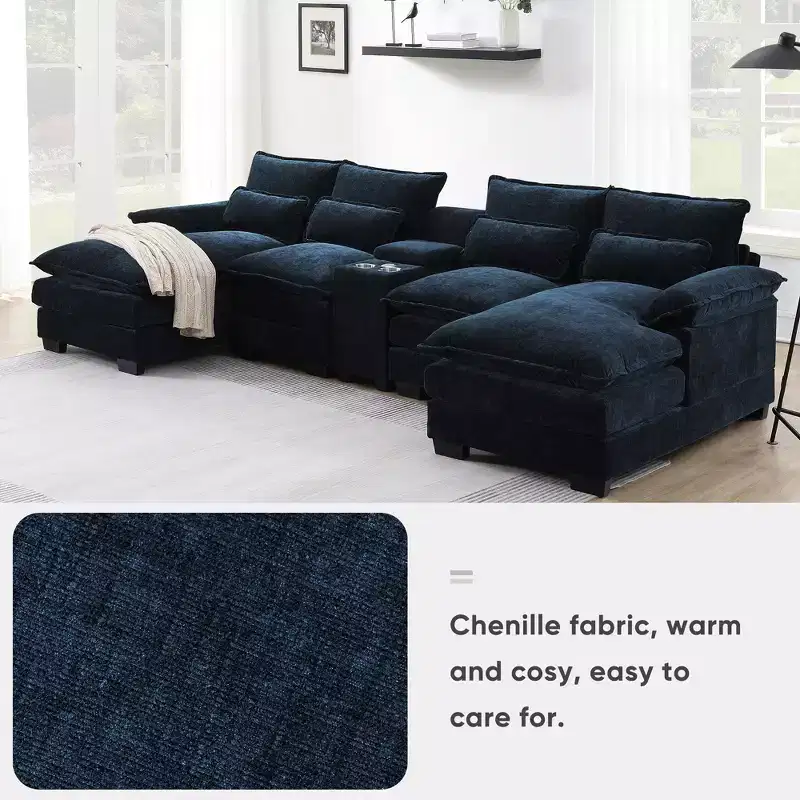 Whisen Modern Design Chenille U-shaped Sectional Sofa with Cup Holders and USB Charger