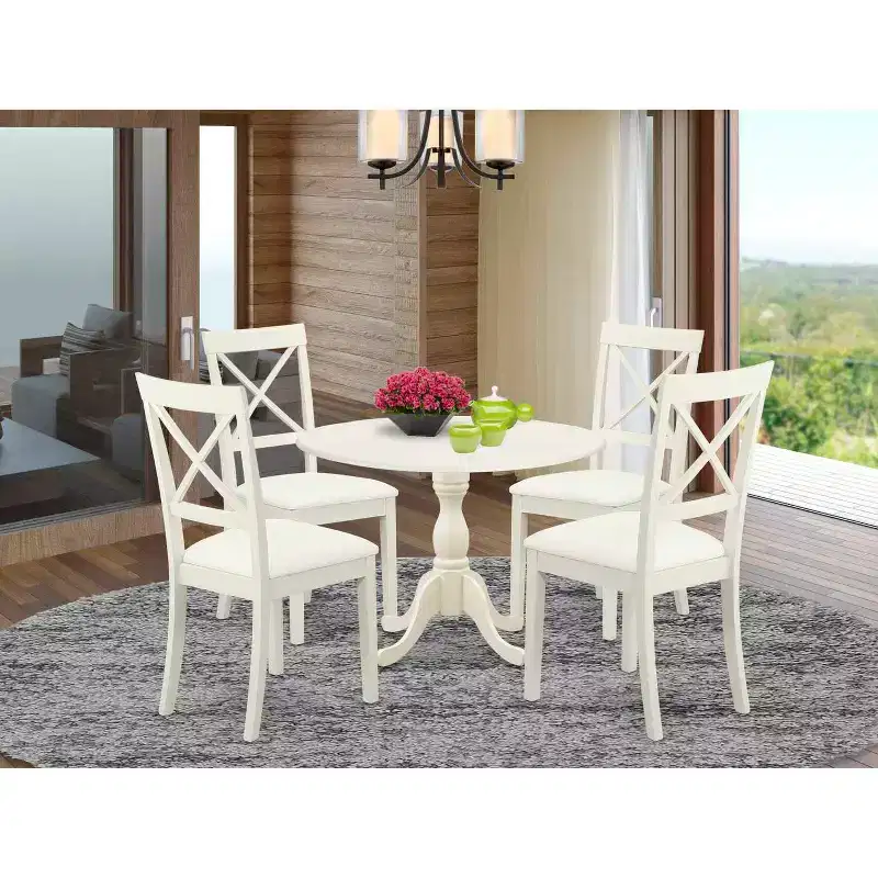5-Piece Linen White Finish Dining Table with 4 Chairs with Drop Leaf Lattice Back