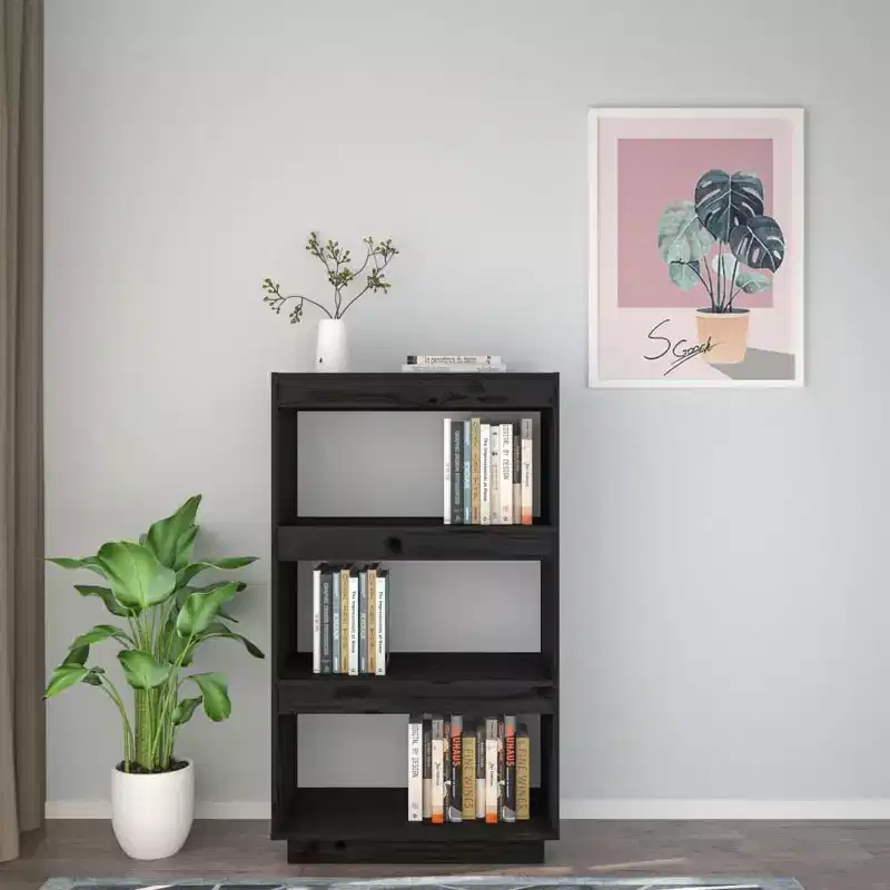 Book Cabinet Black Solid Pine Wood Medium Book Cabinet