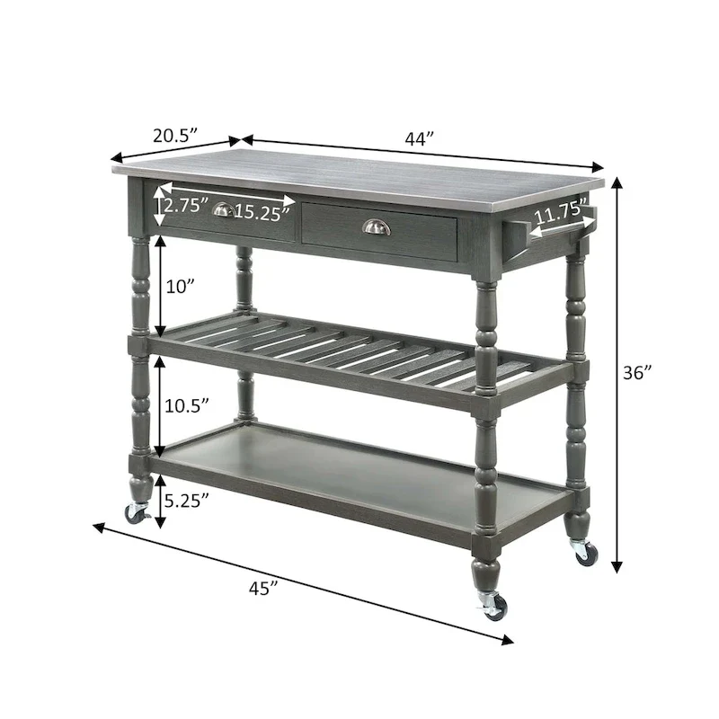 French Country 3 Tier Stainless Steel Kitchen Cart with Drawers