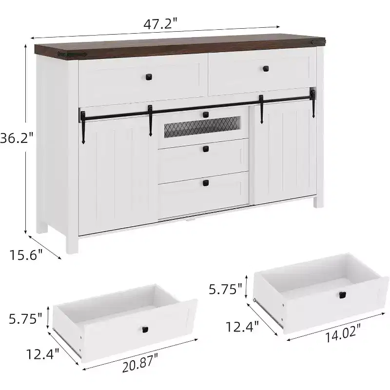 Acekool Farmhouse Buffet Cabinet, Kitchen Sideboard with Sliding Barn Doors and 5 Drawers, Coffee Bar Storage for Dining Room and Living Room