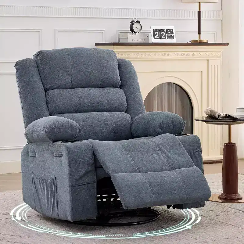 360 Swivel Rocker Recliner Chair for Adults, Rocking Manual Glider Sofa with 3 Positions, 2 Cup Holders, 4 Pockets for Living Room, Bedroom