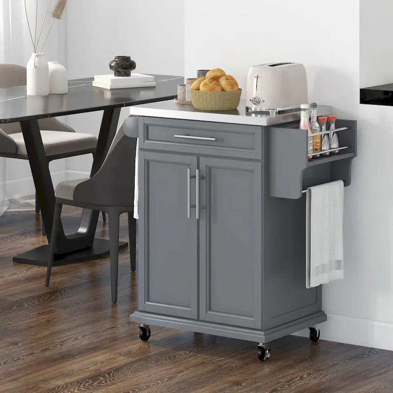 Kitchen Island on Wheels, Rolling Kitchen Cart with Stainless Steel Countertop, Drawer, Gray