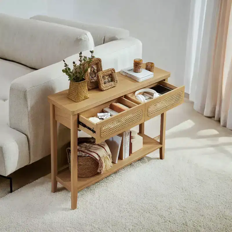 Rattan Console Table with 2 Drawers & Open Shelf, Narrow Entryway Table, 39.4