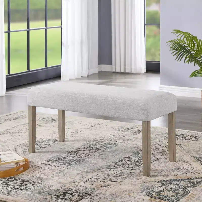 Upholstered Bench, Light Gray Fabric with Rubberwood Legs