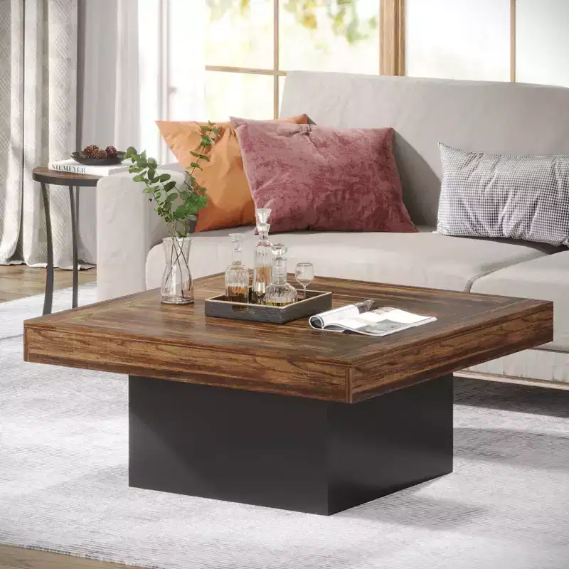 Square Farmhouse Wood Coffee Table with LED Lighting, Brown/Black