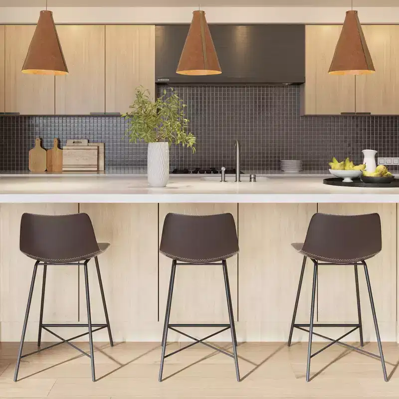 Poly & Bark Set of 3 24" High Paxton Counter Height Barstools Brown: Upholstered, Steel Frame, Modern Design