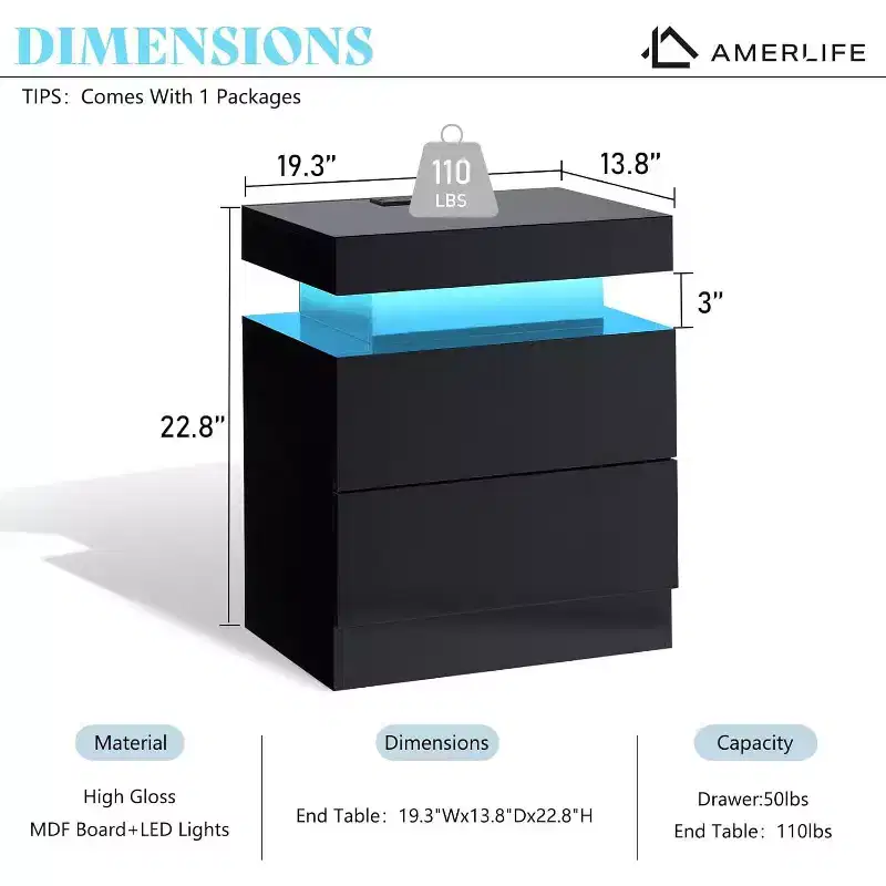 AMERLIFE High Gloss LED Nightstand Set of 2 with Charging Station