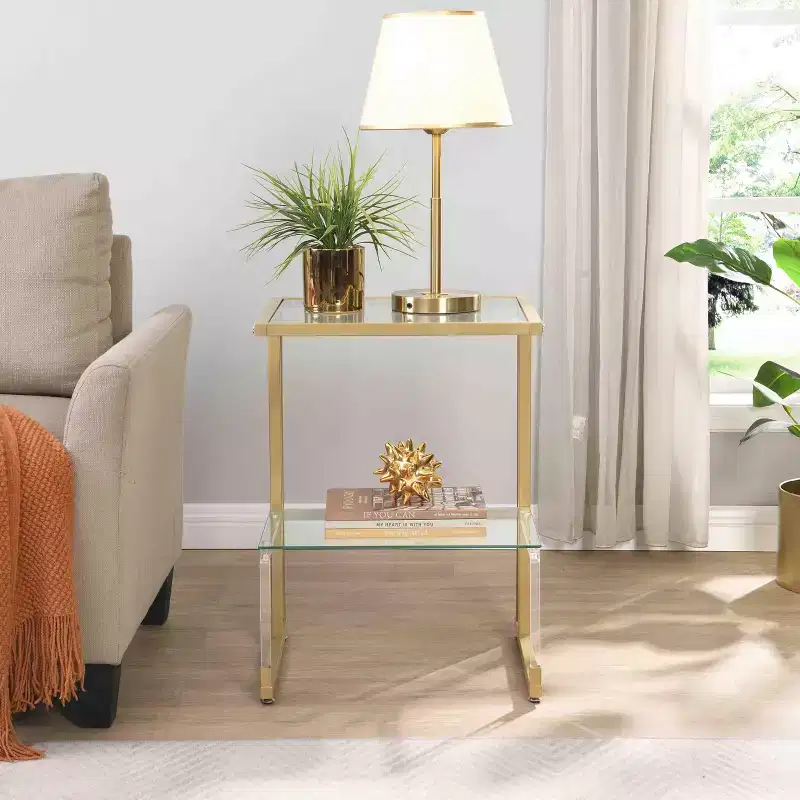 Modern C-Shape 2-Tier Side Table with Glass Tabletop and Shelf, End Table with Metal Frame, Couch Table for Living Room, Bedroom, Gold