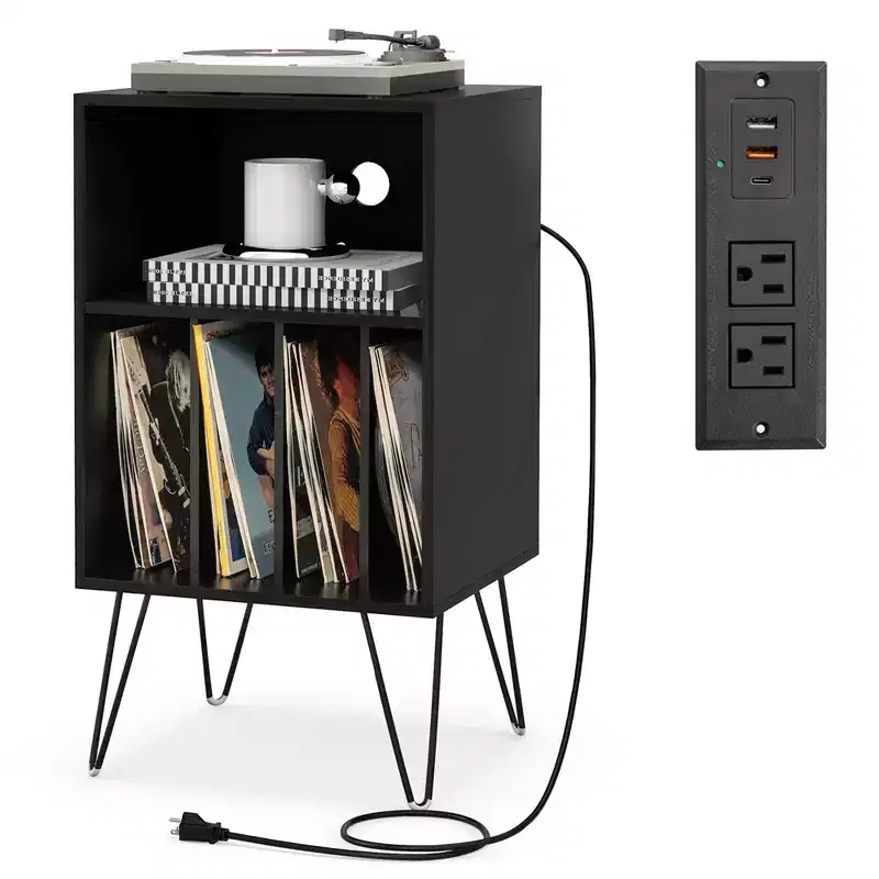 Costway 3-Tier Record Player Stand with Charging Station Shelf & 4 Dividers for Bedroom Walnut/Black/Brown