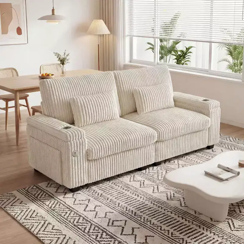Dyonery 91 Modern 2-Seater Sofa with Charging Ports, Cup Holders & Armrest Storage - Wide Corduroy