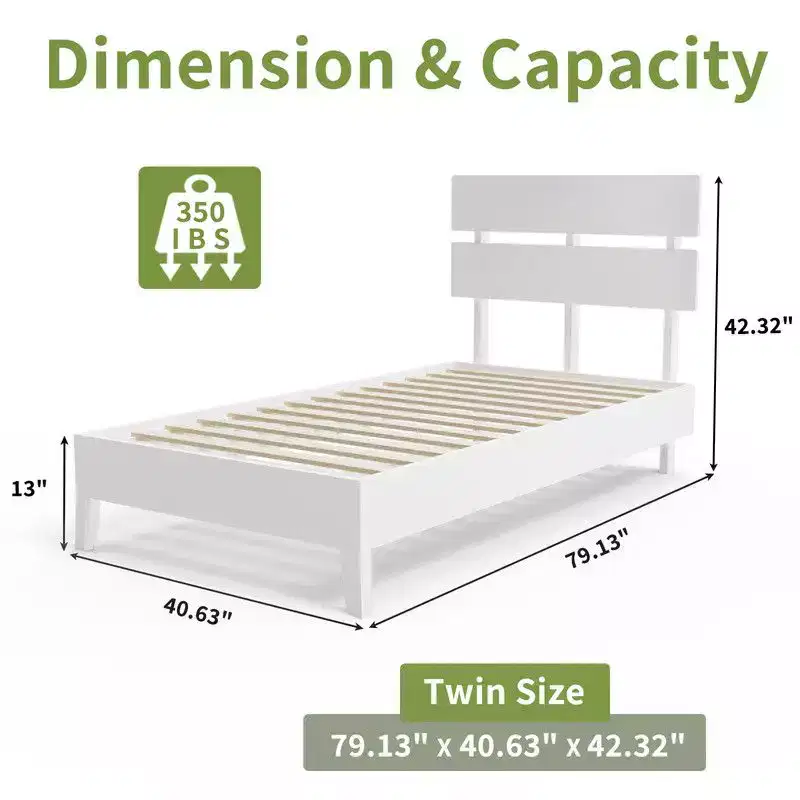 Karl Home Solid Wood Platform Bed Frame , Twin Bed Frame with Headboard Included, Mid Century Modern Bed, White
