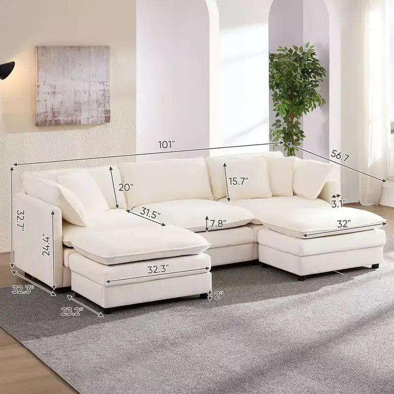 101'' U-Shaped Modular Sectional Sofa, 5-Seat Cloud Couch with 2 Ottomans, Modern Chenille Sofa Sleeper Deep Seat Couches