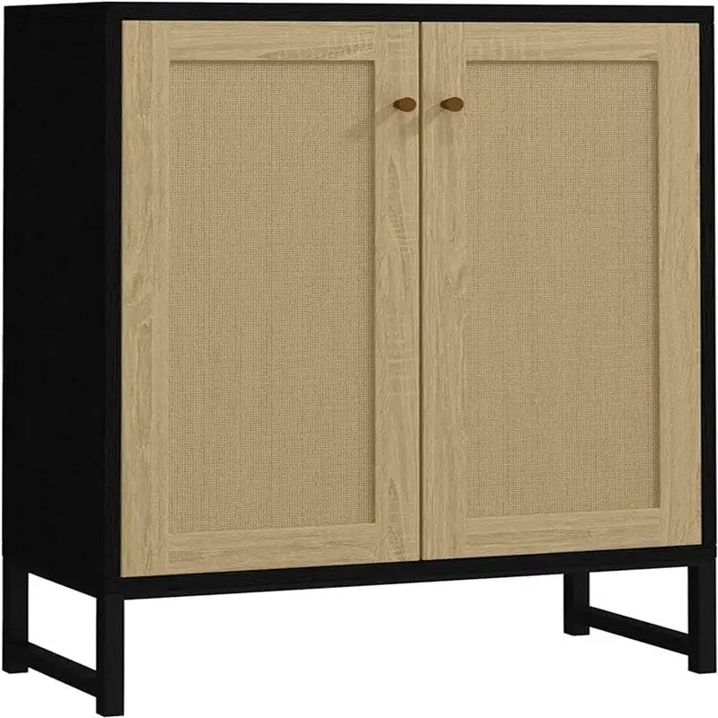 Rattan Door Sideboard Buffet Cabinet, White/Natural/Black, 2-Door