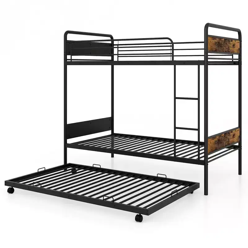 Costway Twin Over Twin Bunk Bed w/ Trundle Industrial Metal Bunkbed Frame