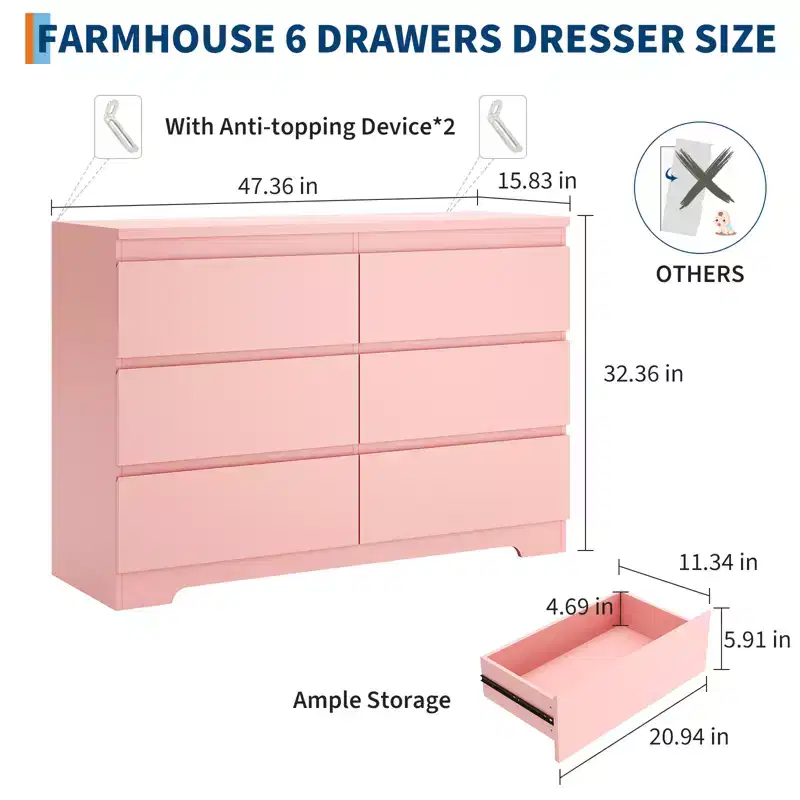6 Drawer Dresser, 6 Drawer Dressers for Clothes Storage for Bedroom, Wood Storage Double Dresser