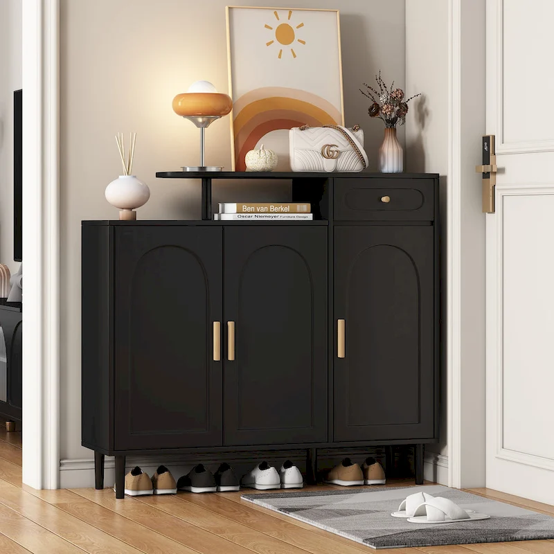 Elegant Shoe Cabinet with Arched Doors and Drawer, Cream Style Storage Sideboard with Adjustable Shelves and Solid Wood Legs