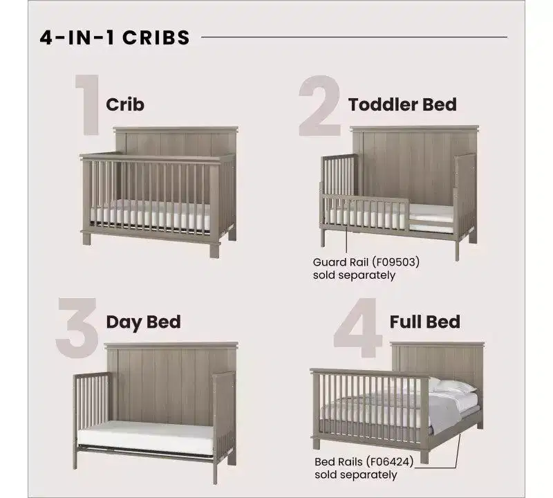 Child Craft Denman Crib, Dresser, Chest, and Nightstand 4-Piece Nursery Set, Grows with Your Baby