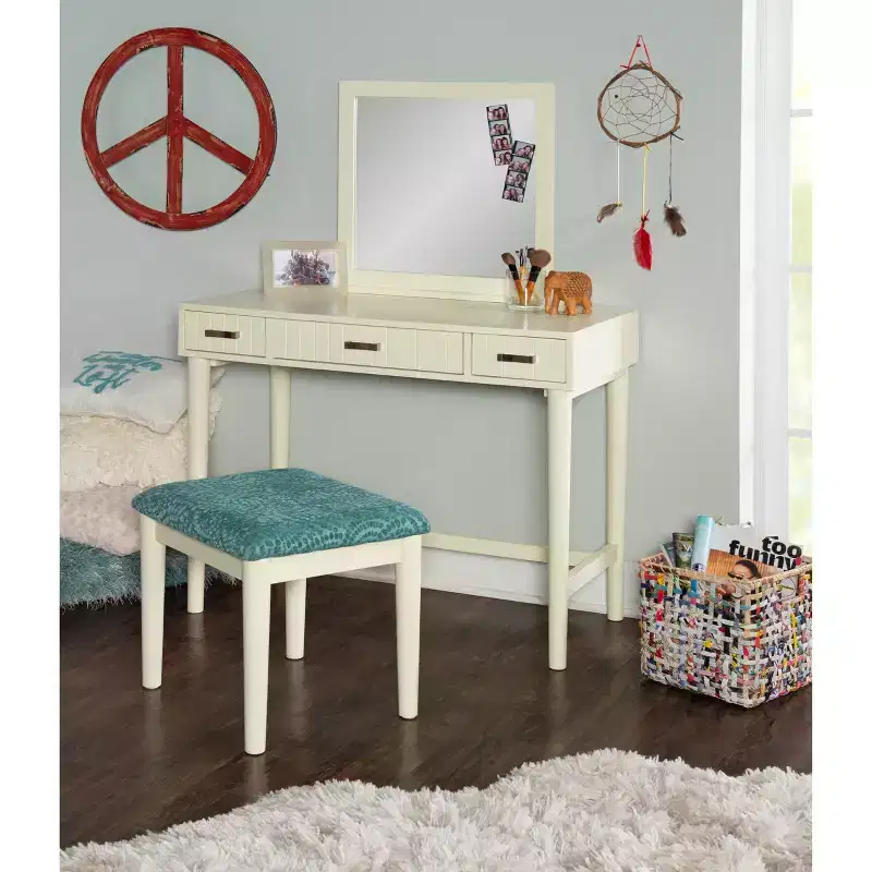 Garbo Traditional Wood Vanity Set with Upholstered Stool & Mirror - Linon: Elegant Bedroom Furniture