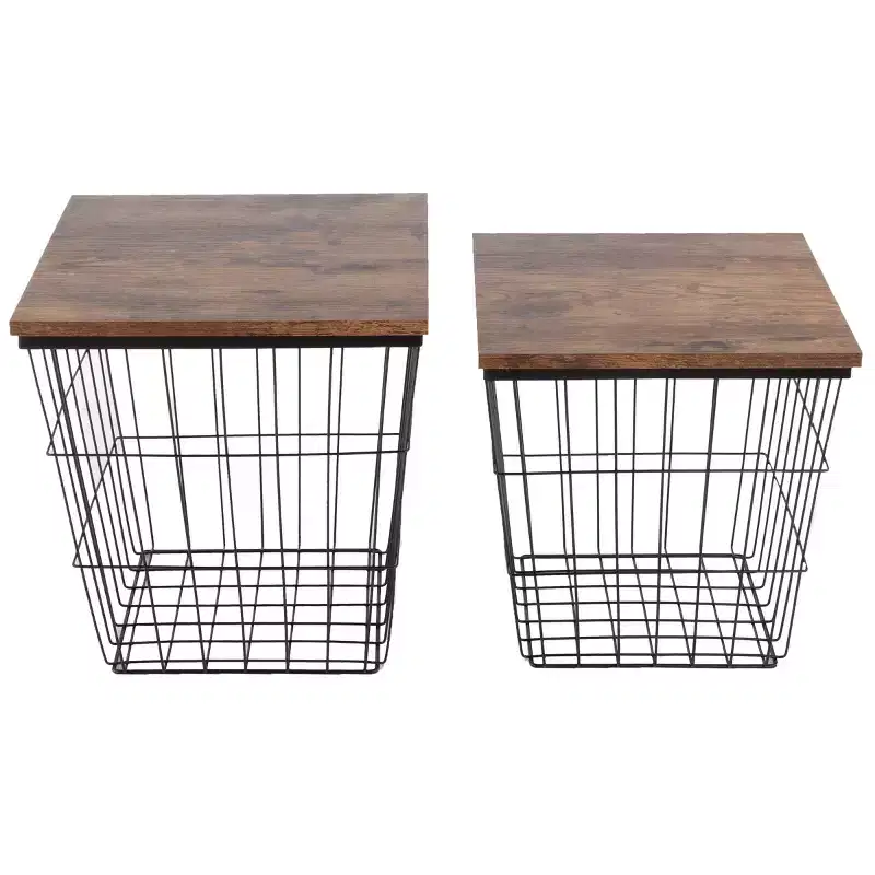 End Table with Storage  Set of 2 Nesting Tables  Square Wire Basket Base and Wood Tops  Industrial Farmhouse Style Side Table by Lavish Home