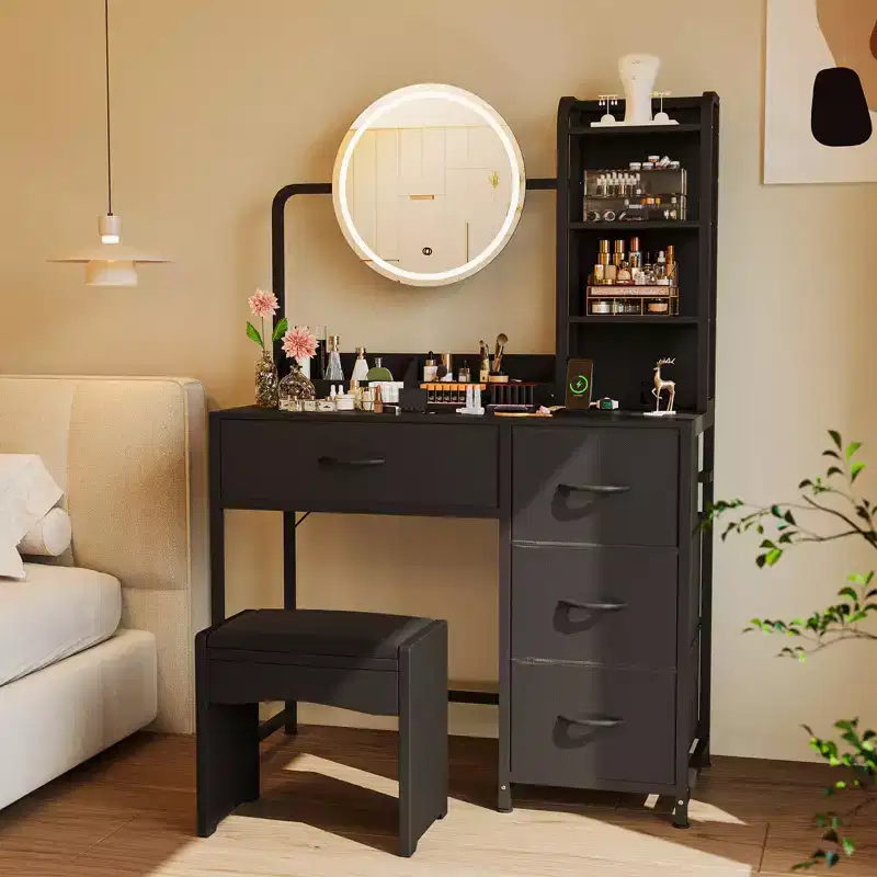 Acekool Small Vanity Desk with Lighted Round Mirror, Power Outlet, 4 Fabric Drawers, 3 Shelves, Modern Makeup Table for Bedroom, Dorm, Apartment